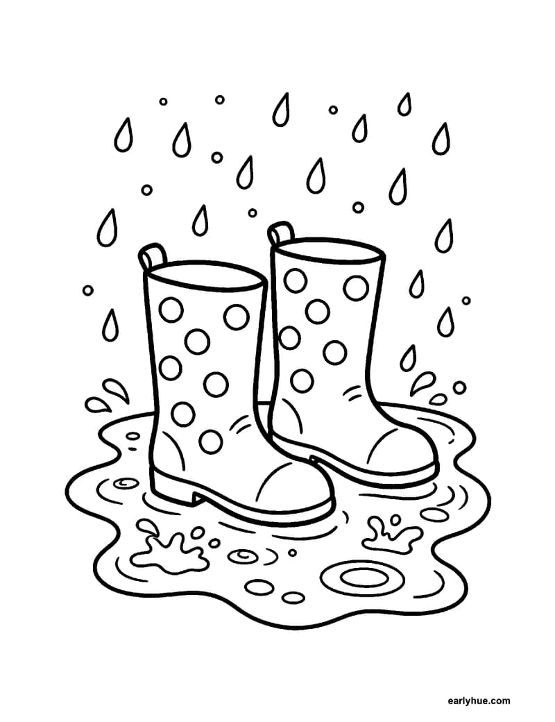 Black-and-white printable rain boots and puddle coloring page featuring original child-friendly coloring page showing a pair of large rain boots standing.