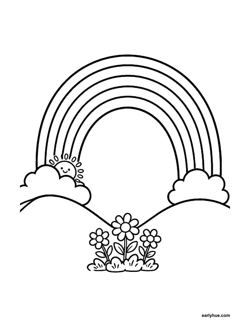 Six-band rainbow garden coloring page with clouds, sun, stars, raindrops, hills, and flowers