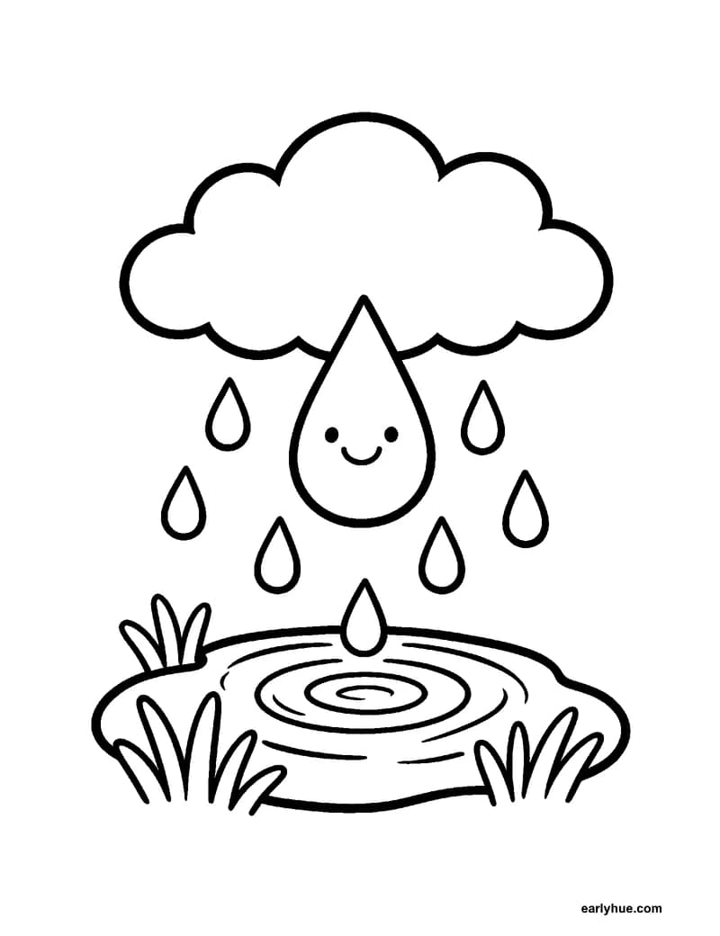 Happy patterned raindrop coloring page with six smaller drops, cloud, and puddle ripples