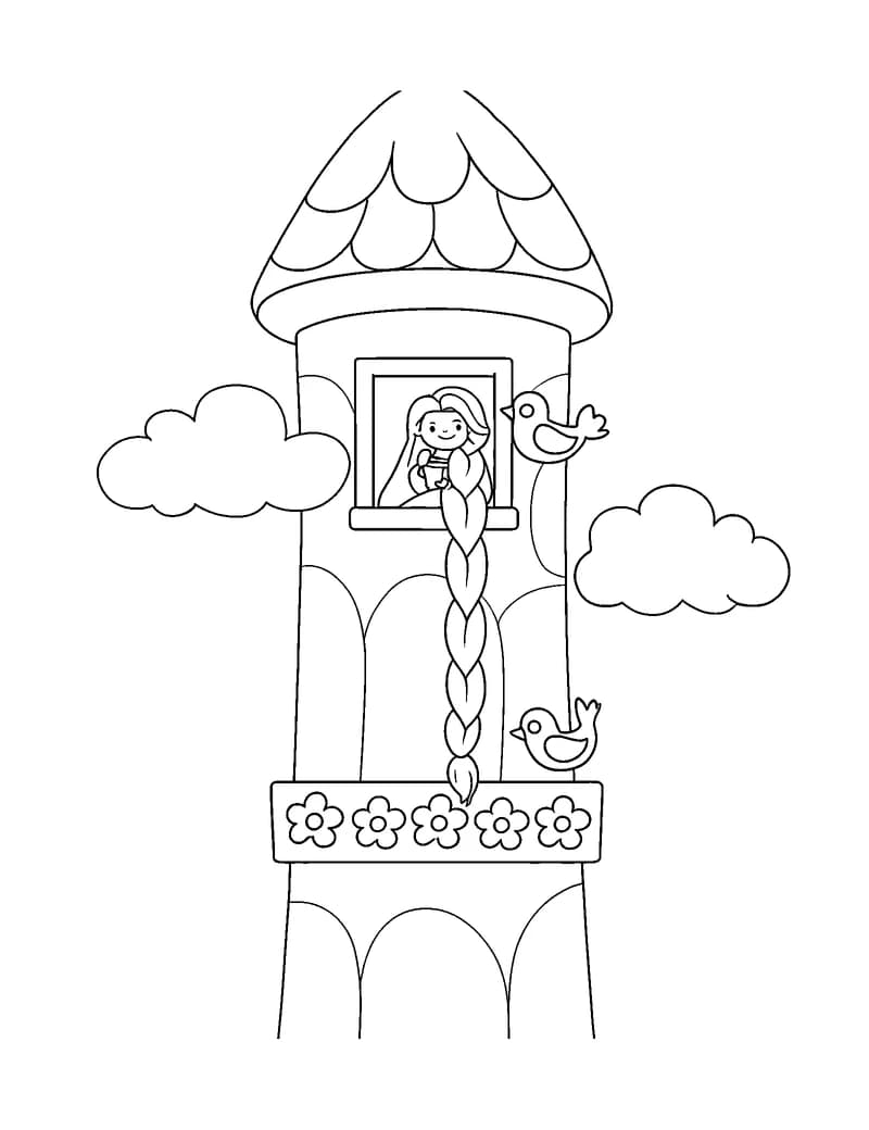 Black-and-white printable rapunzel tower braid coloring page featuring original public-domain rapunzel scene: a young woman with one long simple braid leans.