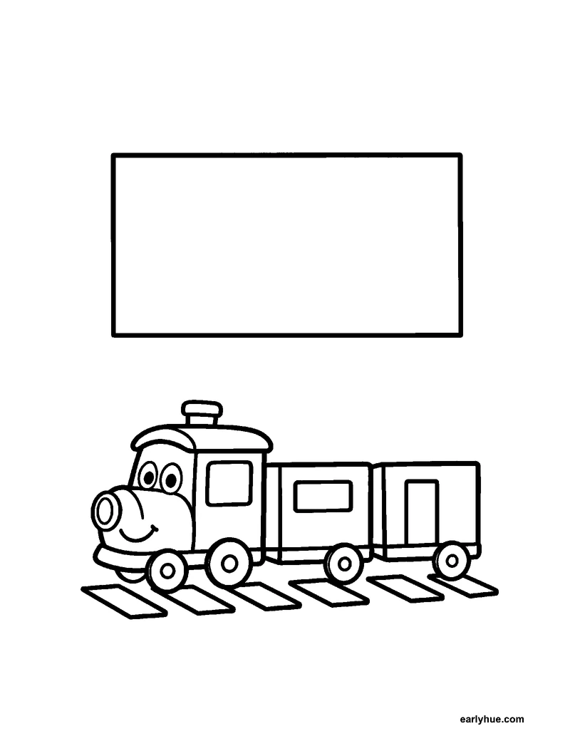 Rectangle train coloring page with rectangular cars, windows, doors, signs, and track ties
