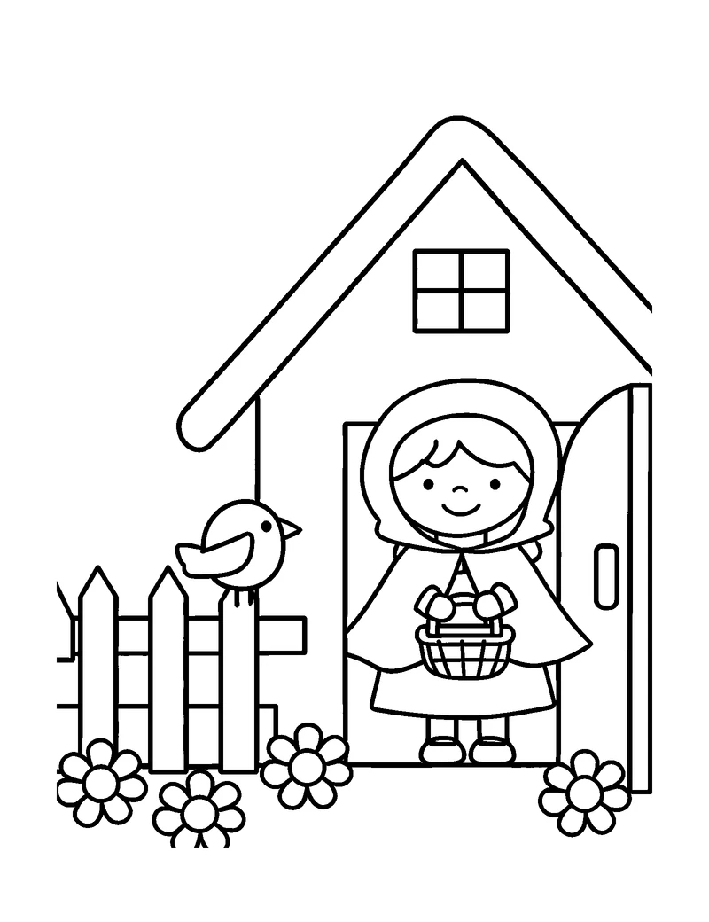 Black-and-white printable little red riding hood cottage coloring page featuring original public-domain little red riding hood scene: a young girl in a plain.