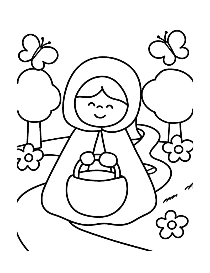 Black-and-white printable little red riding hood forest basket coloring page featuring original public-domain little red riding hood scene: a young girl in a.