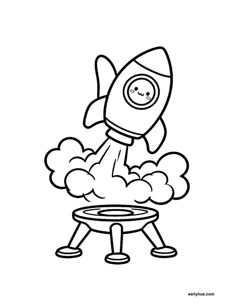 Black-and-white printable rocket coloring page featuring original child-friendly coloring page showing one original exploration rocket lifting gently above a.