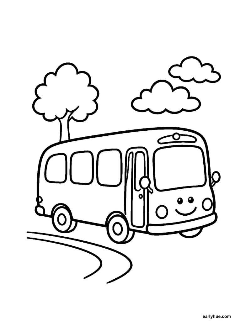 Black-and-white printable school bus coloring page featuring one original friendly school bus traveling on a quiet road, with a long rounded body, two clearly.
