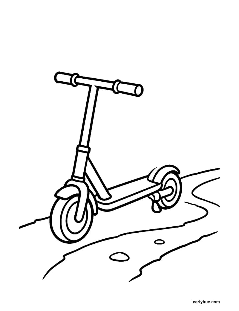 Black-and-white printable scooter coloring page featuring original child-friendly coloring page showing one simple kick scooter standing on a park path with.