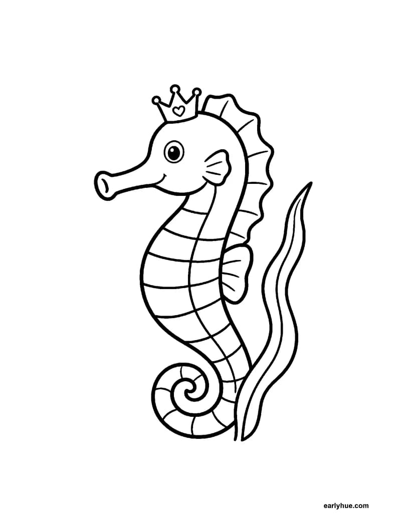 A black-and-white coloring page of a seahorse that curls his tail around sea grass, with a long snout and a tall fin on his back.