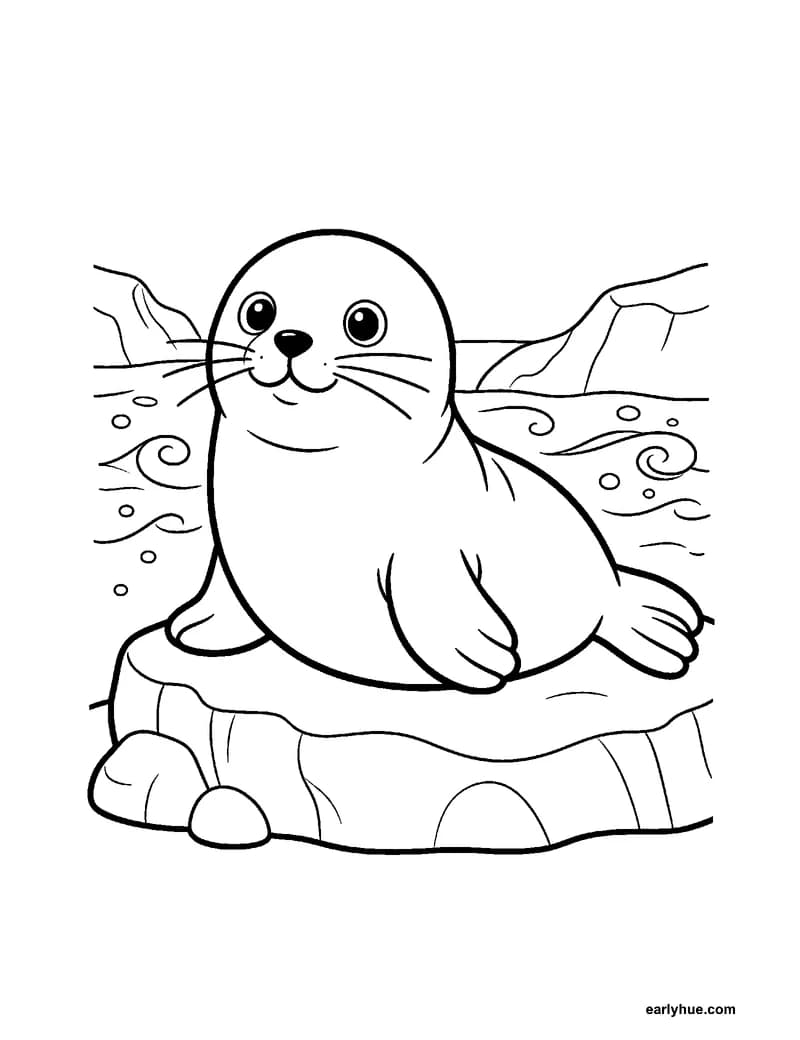 A black-and-white coloring page of a seal that rests on a rocky ledge beside the water, with long whiskers and two front flippers.