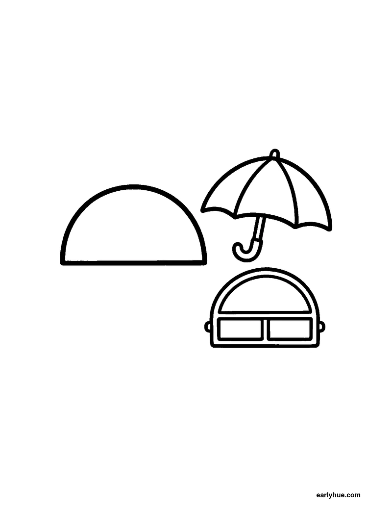 Black-and-white printable semicircle coloring page featuring original child-friendly coloring page showing one large exact semicircle beside an umbrella.