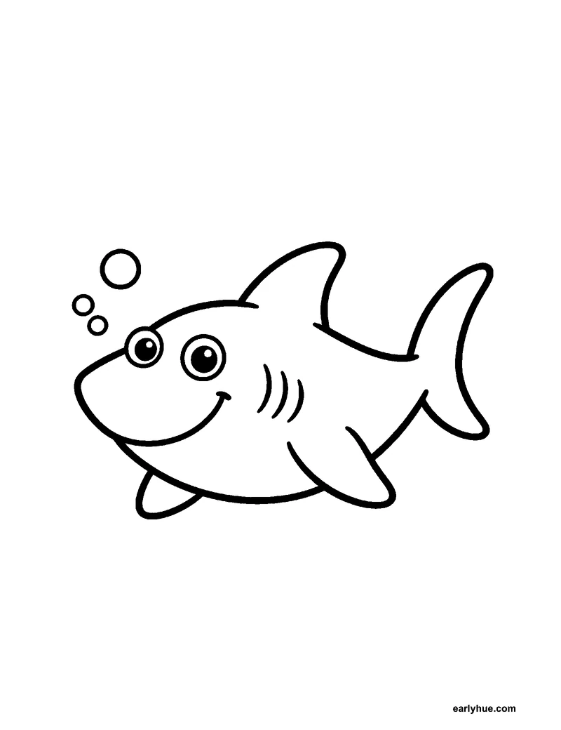 A black-and-white coloring page of a friendly shark that swims with a tall fin, a wide smiling mouth, and a crescent-shaped tail.