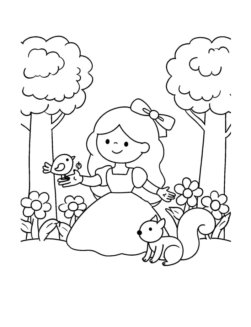 Black-and-white printable snow white forest friends coloring page featuring original public-domain snow white scene: a young girl with a simple ribbon in her.