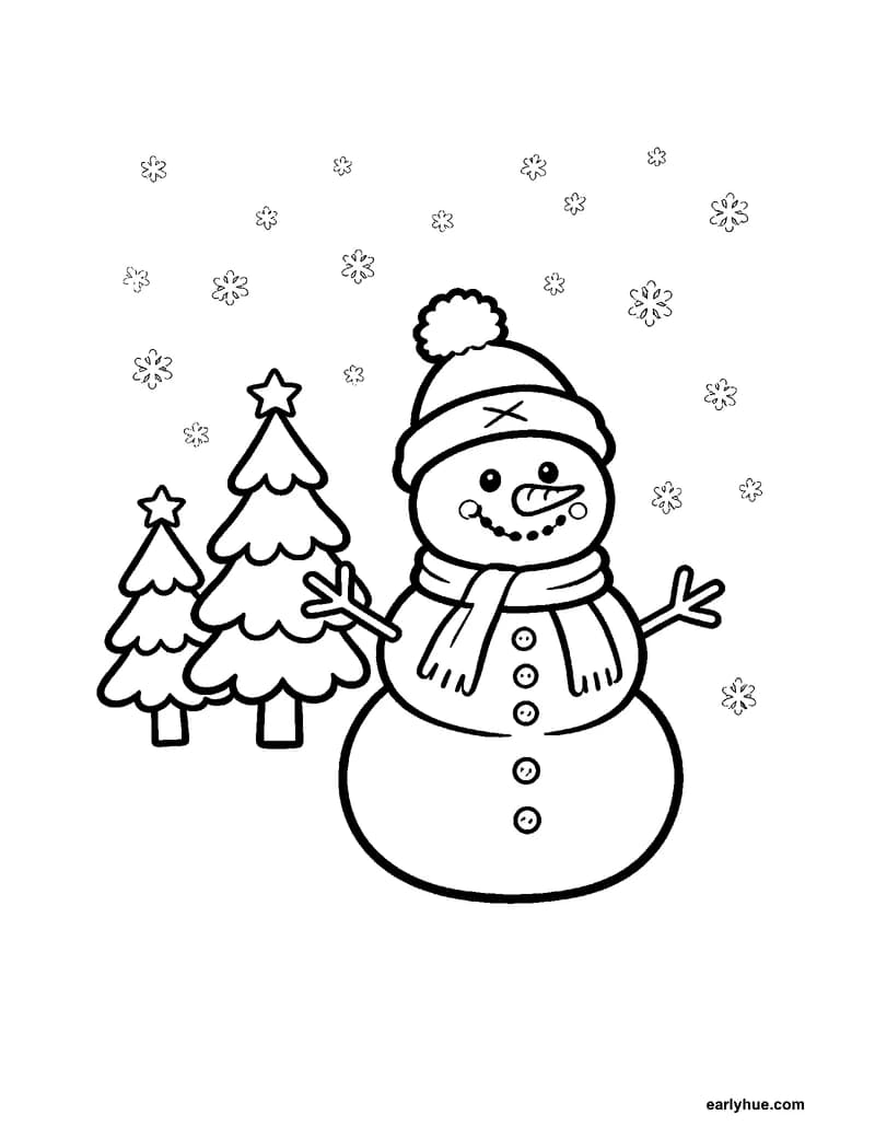 Black-and-white printable snowy day snowman coloring page featuring original child-friendly coloring page showing one friendly snowman standing during a calm.