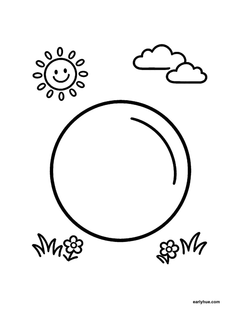 Black-and-white printable sphere coloring page featuring original child-friendly coloring page showing one large sphere represented by a clean circular.