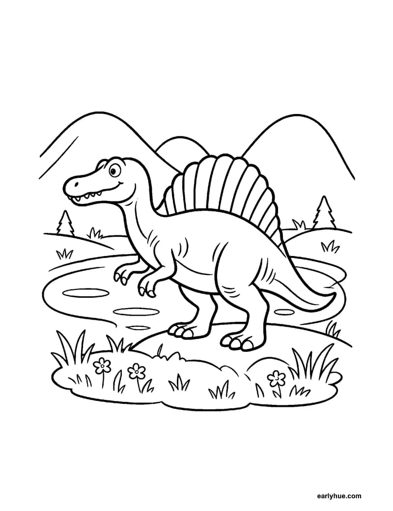 Black-and-white printable spinosaurus coloring page featuring original child-friendly coloring page showing one child-friendly spinosaurus standing near water.