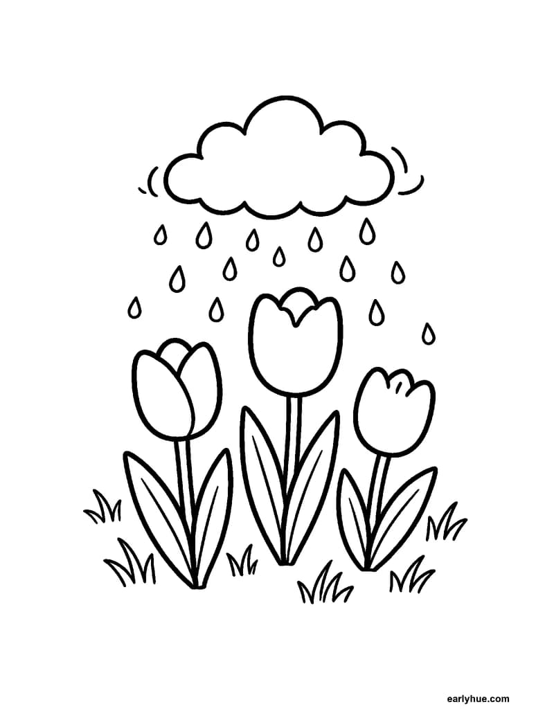 Black-and-white printable spring rain shower coloring page featuring original child-friendly coloring page showing one gentle rain cloud watering three large.