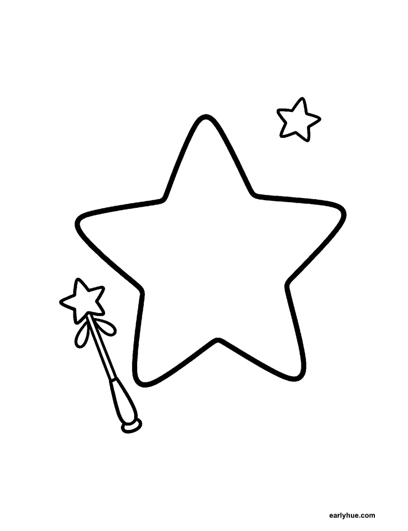 Black-and-white printable star shape coloring page featuring original child-friendly coloring page showing one large regular five-point star with a star wand.