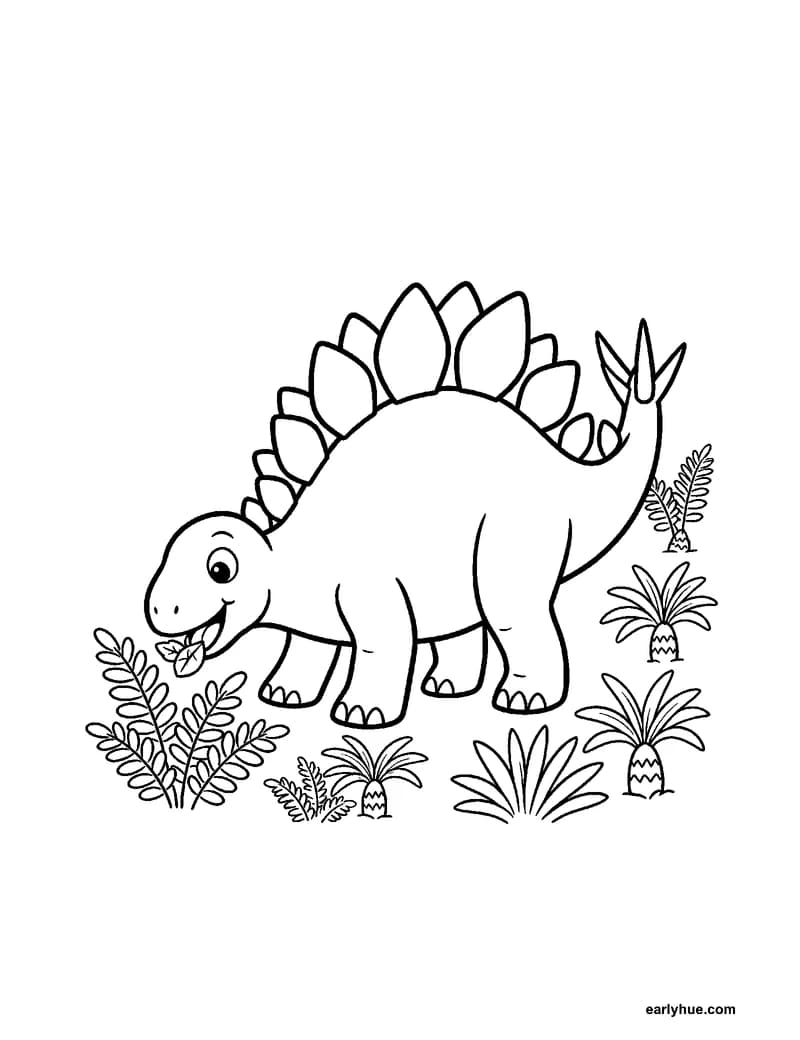 Black-and-white printable stegosaurus coloring page featuring original child-friendly coloring page showing one gentle stegosaurus eating low plants with two.