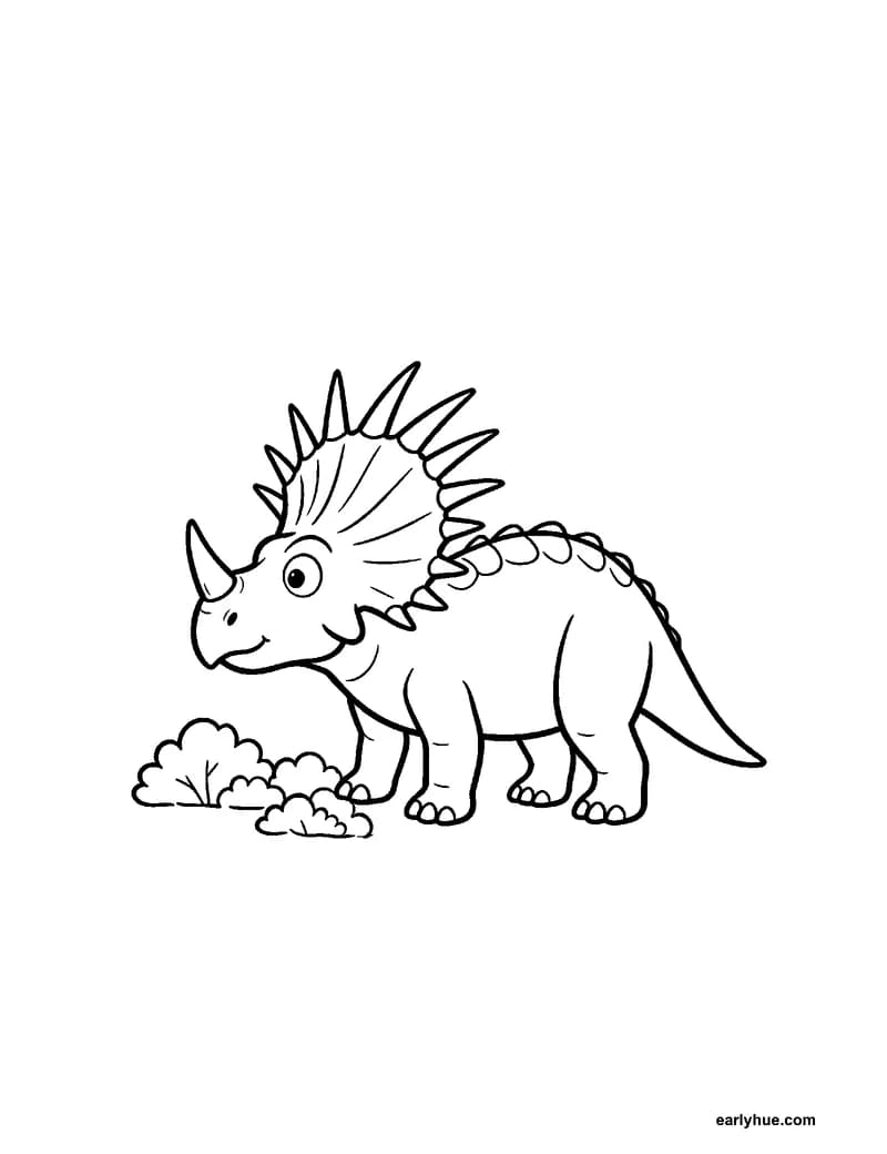 Black-and-white printable styracosaurus coloring page featuring original child-friendly coloring page showing one calm styracosaurus near low shrubs with one.