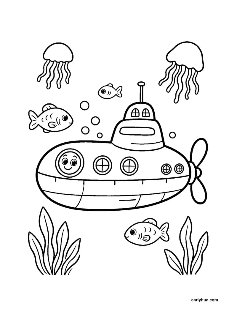 Black-and-white printable submarine coloring page featuring original child-friendly coloring page showing one friendly research submarine underwater with a.