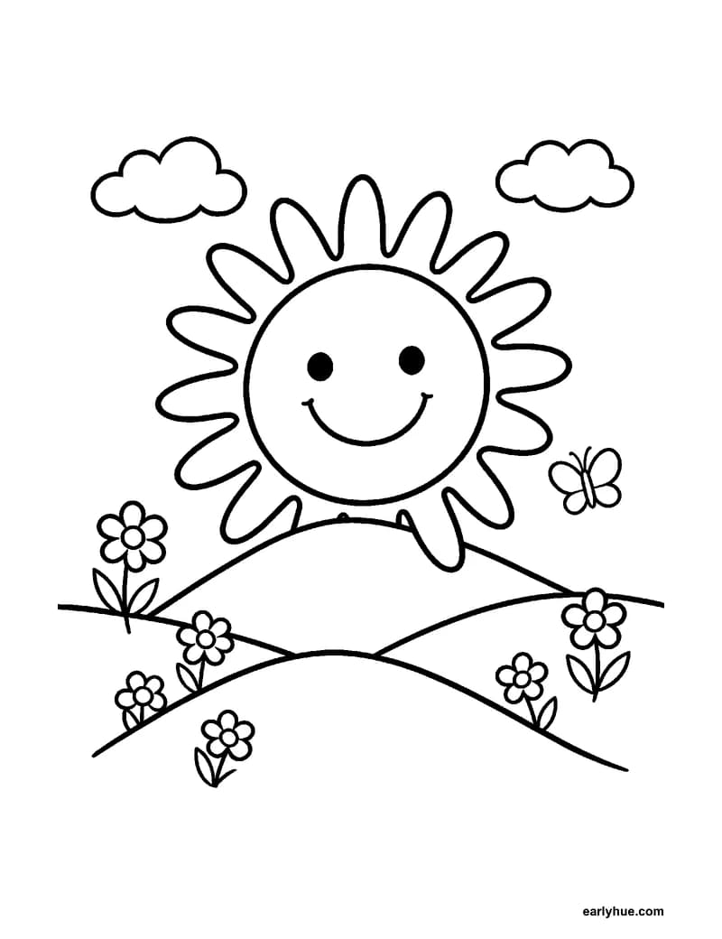Smiling sun meadow coloring page with broad rays, flowers, hills, cloud, and butterfly