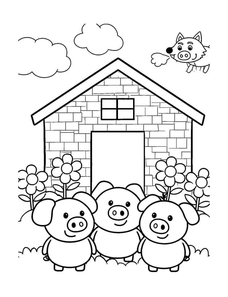 Black-and-white printable three little pigs brick house coloring page featuring original public-domain three little pigs scene: three friendly little pigs.