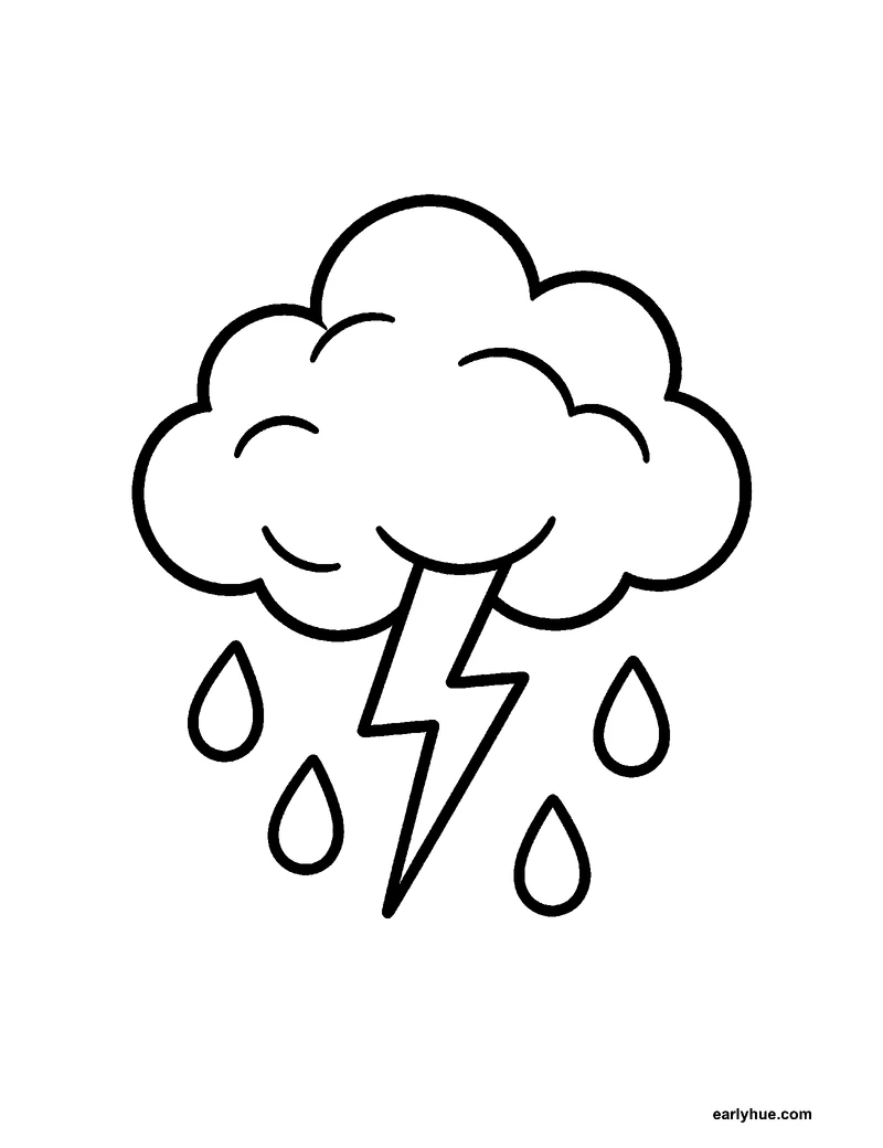Black-and-white printable thunderstorm cloud coloring page featuring original child-friendly coloring page showing one large rounded storm cloud with one bold.
