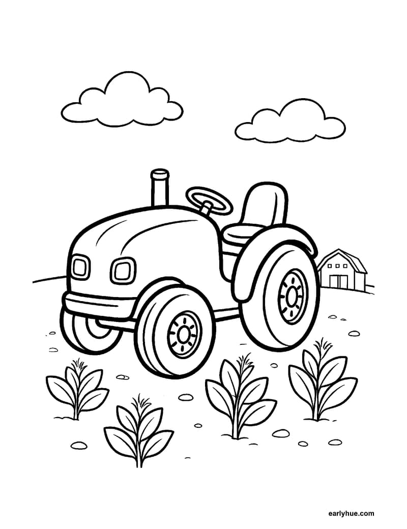 Black-and-white printable tractor coloring page featuring one original friendly farm tractor crossing a simple field, with one large rear wheel, one smaller.