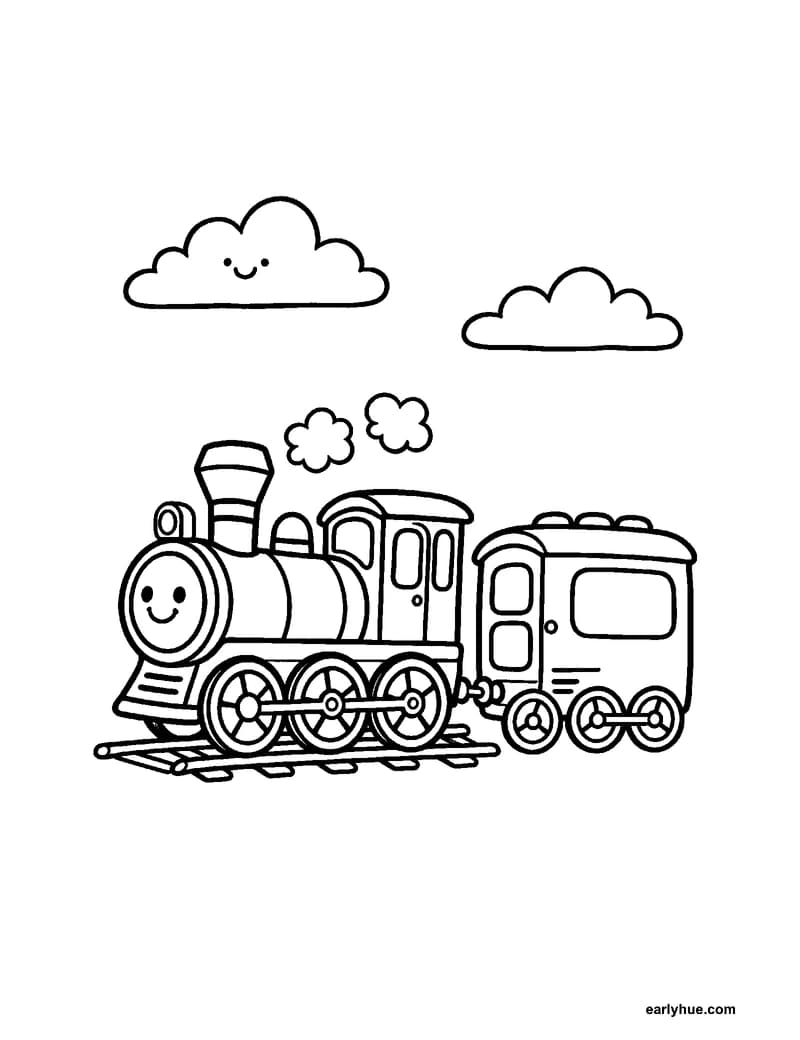 Black-and-white printable train coloring page featuring one original friendly steam train made of one locomotive and one passenger carriage moving on a short.