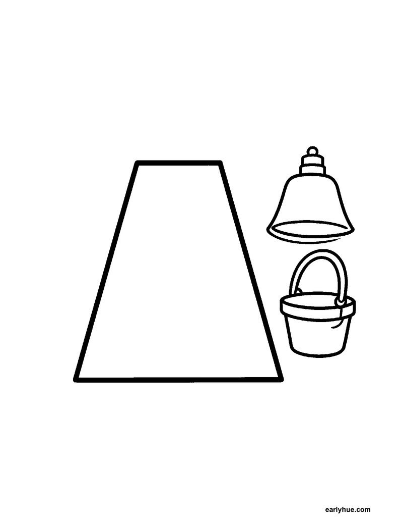 Black-and-white printable trapezoid coloring page featuring original child-friendly coloring page showing one large isosceles trapezoid beside a simple.