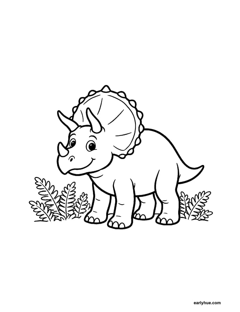 Black-and-white printable triceratops coloring page featuring original child-friendly coloring page showing one friendly triceratops near low ferns with three.