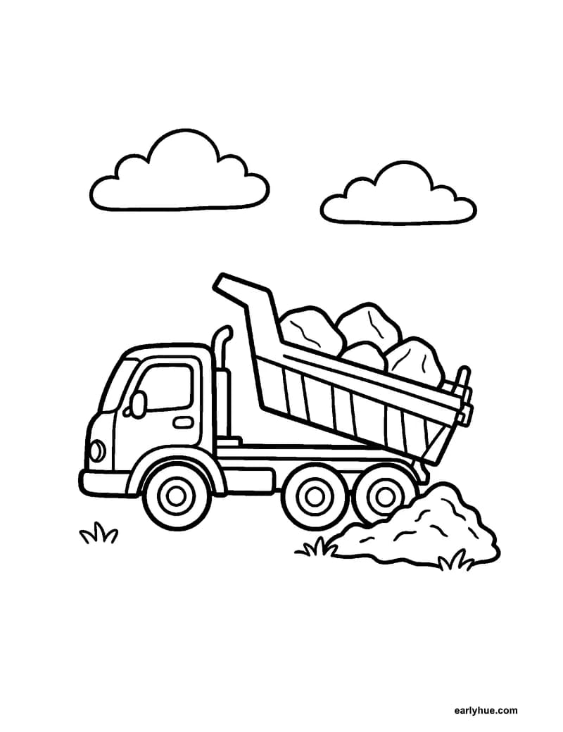 Black-and-white printable truck coloring page featuring one original friendly dump truck carrying three large rounded rocks at a simple work site, with a.