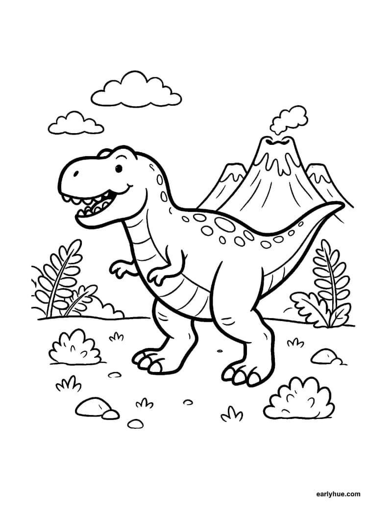 Black-and-white printable tyrannosaurus rex coloring page featuring original child-friendly coloring page showing one child-friendly tyrannosaurus rex walking.