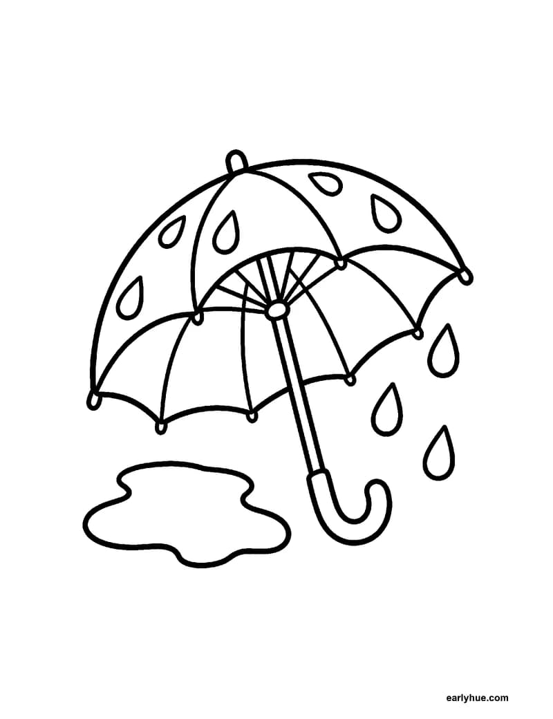 Black-and-white printable umbrella in rain coloring page featuring original child-friendly coloring page showing one large open umbrella catching broad.