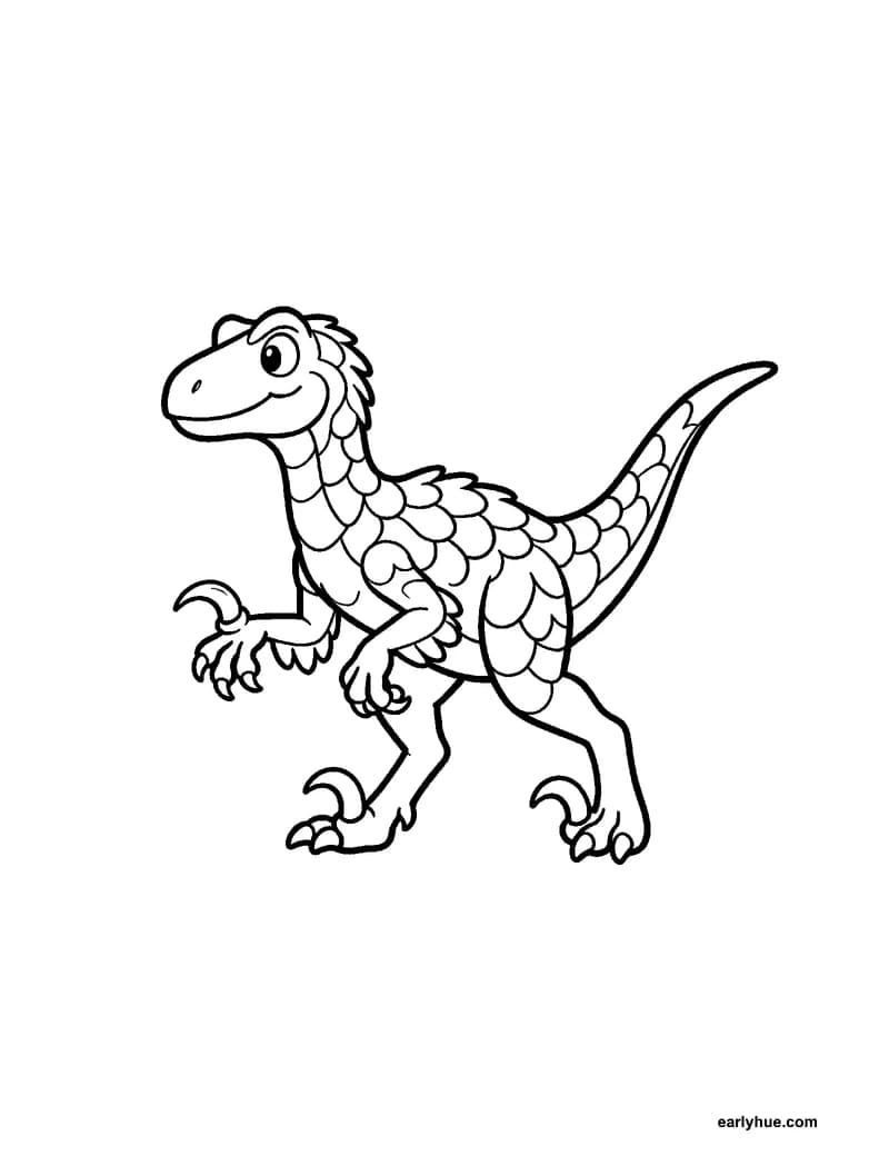 Black-and-white printable velociraptor coloring page featuring original child-friendly coloring page showing one feathered child-friendly velociraptor walking.