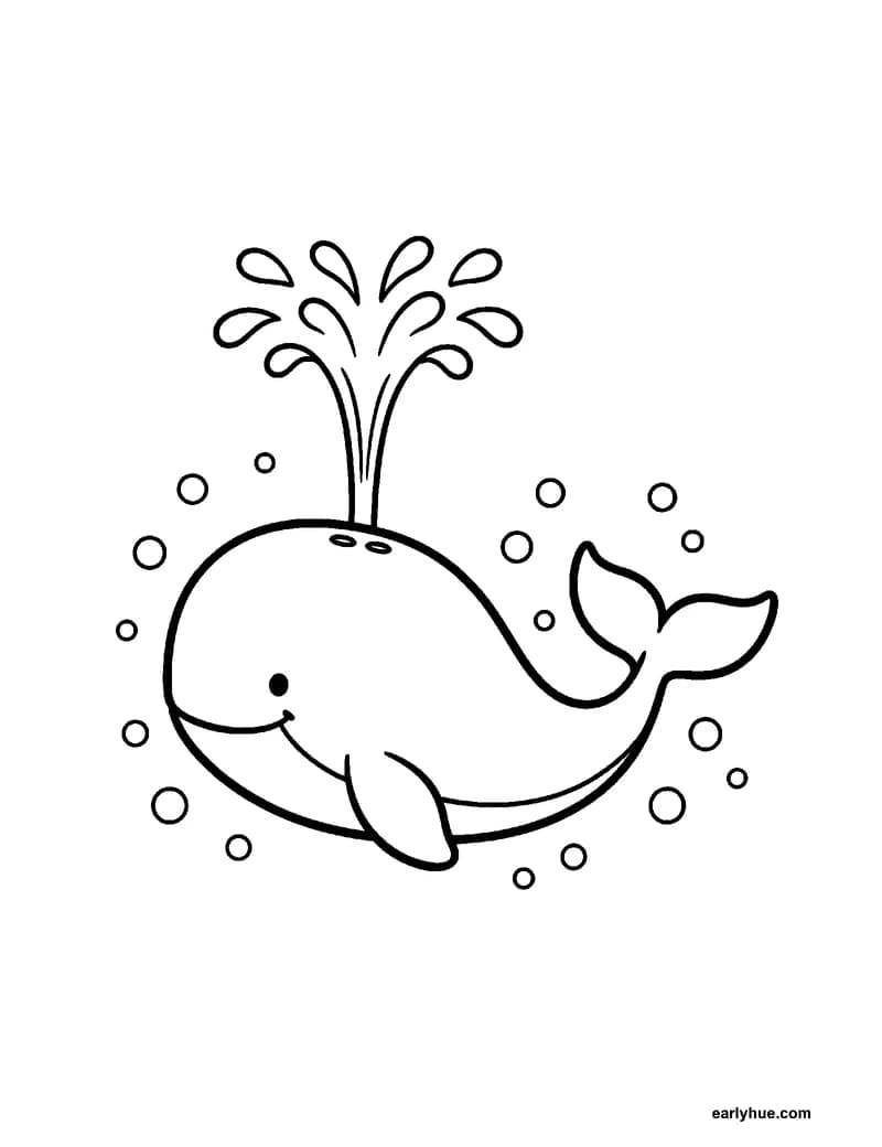 A black-and-white coloring page of a large whale that glides through the water with a wide tail and a spout above his head.