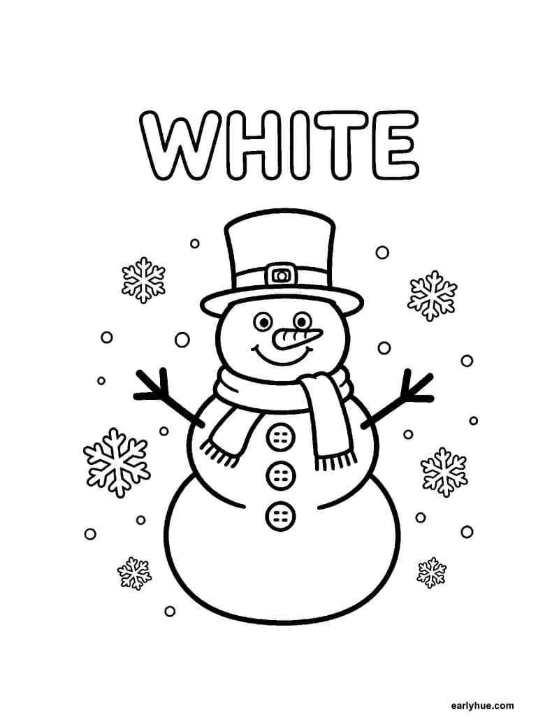 Black-and-white printable white coloring page featuring original child-friendly coloring page showing one large hollow uppercase word white beside one snowman.