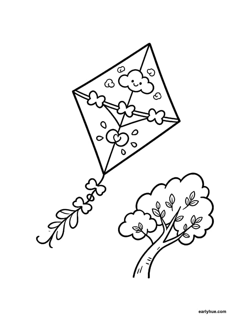 Black-and-white printable windy day kite coloring page featuring original child-friendly coloring page showing one large diamond kite flying in a broad breeze.