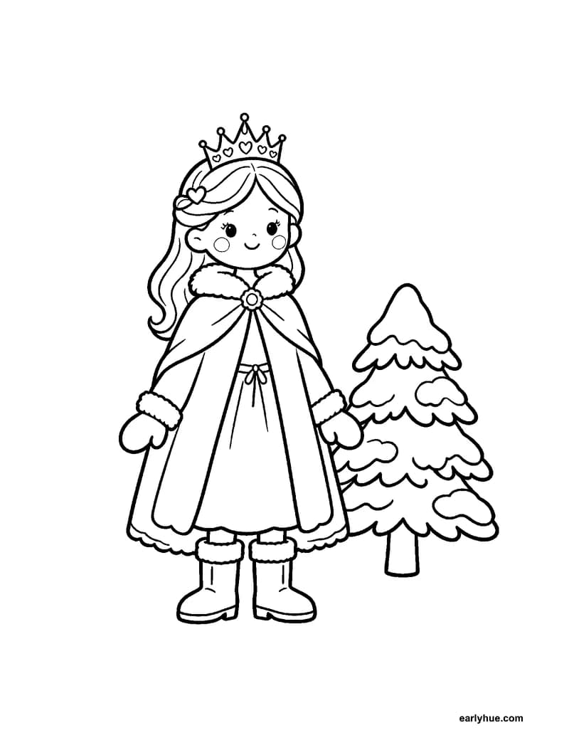Black-and-white printable winter princess coloring page featuring original child-friendly coloring page showing one original princess wearing a warm cape.