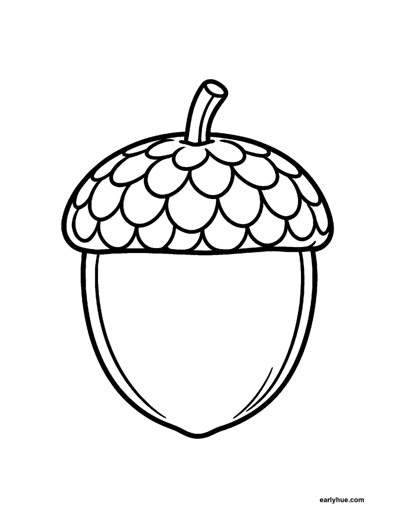 Black-and-white printable autumn acorn coloring page featuring original child-friendly autumn coloring page showing one large acorn with a textured cap on.