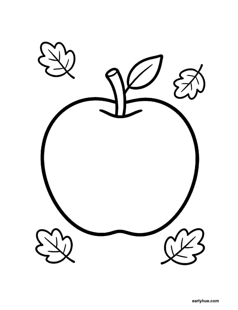 Black-and-white printable autumn apple coloring page featuring original child-friendly autumn coloring page showing one large round autumn apple with a short.