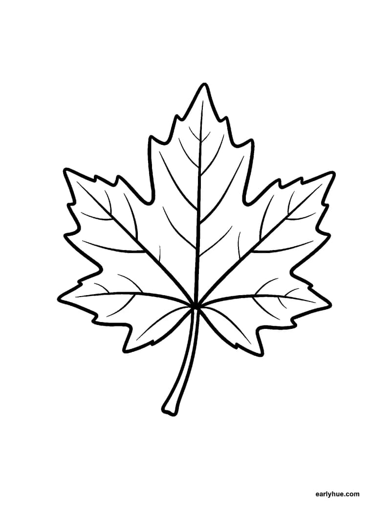 Black-and-white printable autumn maple leaf coloring page featuring original child-friendly autumn coloring page showing one large maple leaf with five.
