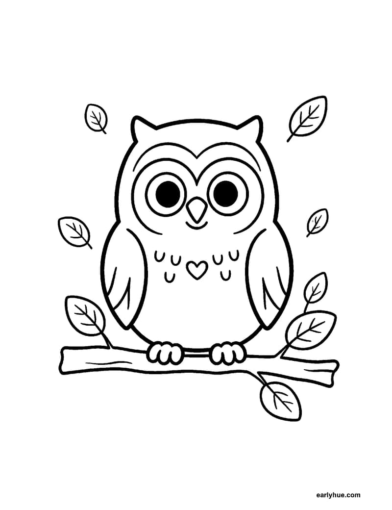 Black-and-white printable autumn owl coloring page featuring original child-friendly autumn coloring page showing one round autumn owl perched on a short.