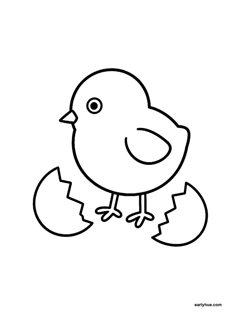 A black-and-white coloring page of a fluffy baby chick that stands beside a cracked eggshell, drawn with thick outlines for young children.