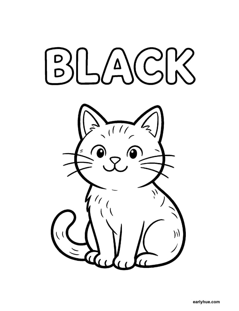 Black-and-white printable black coloring page featuring original child-friendly coloring page showing one large hollow uppercase word black beside one sitting.