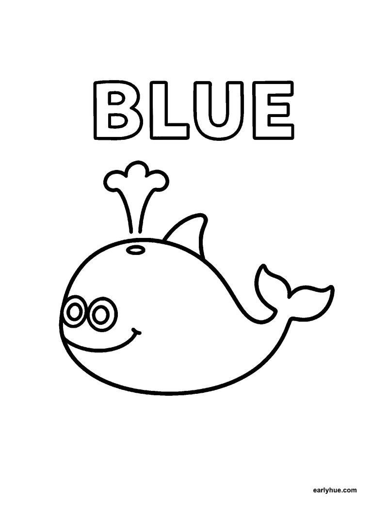 Black-and-white printable blue coloring page featuring original child-friendly coloring page showing one large hollow uppercase word blue beside one friendly.