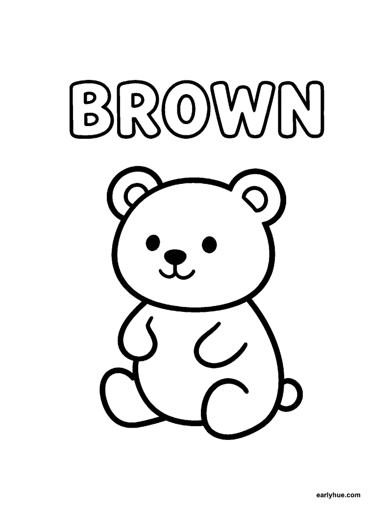 Black-and-white printable brown coloring page featuring original child-friendly coloring page showing one large hollow uppercase word brown beside one sitting.