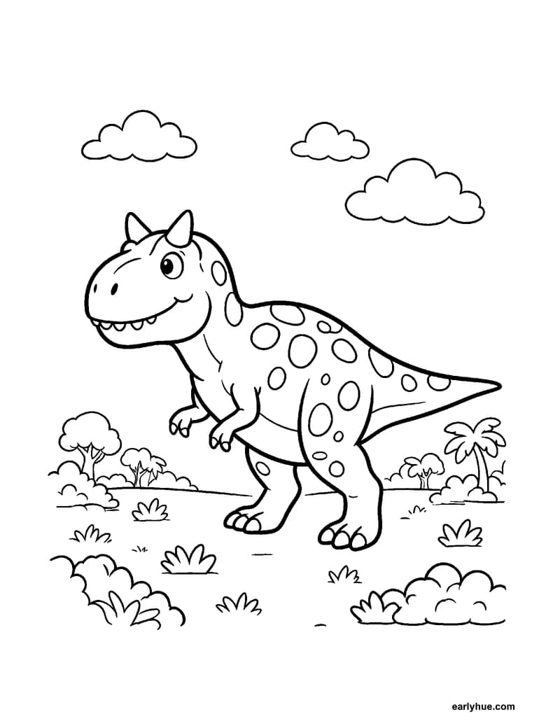 Black-and-white printable carnotaurus coloring page featuring original child-friendly coloring page showing one child-friendly carnotaurus walking across a.