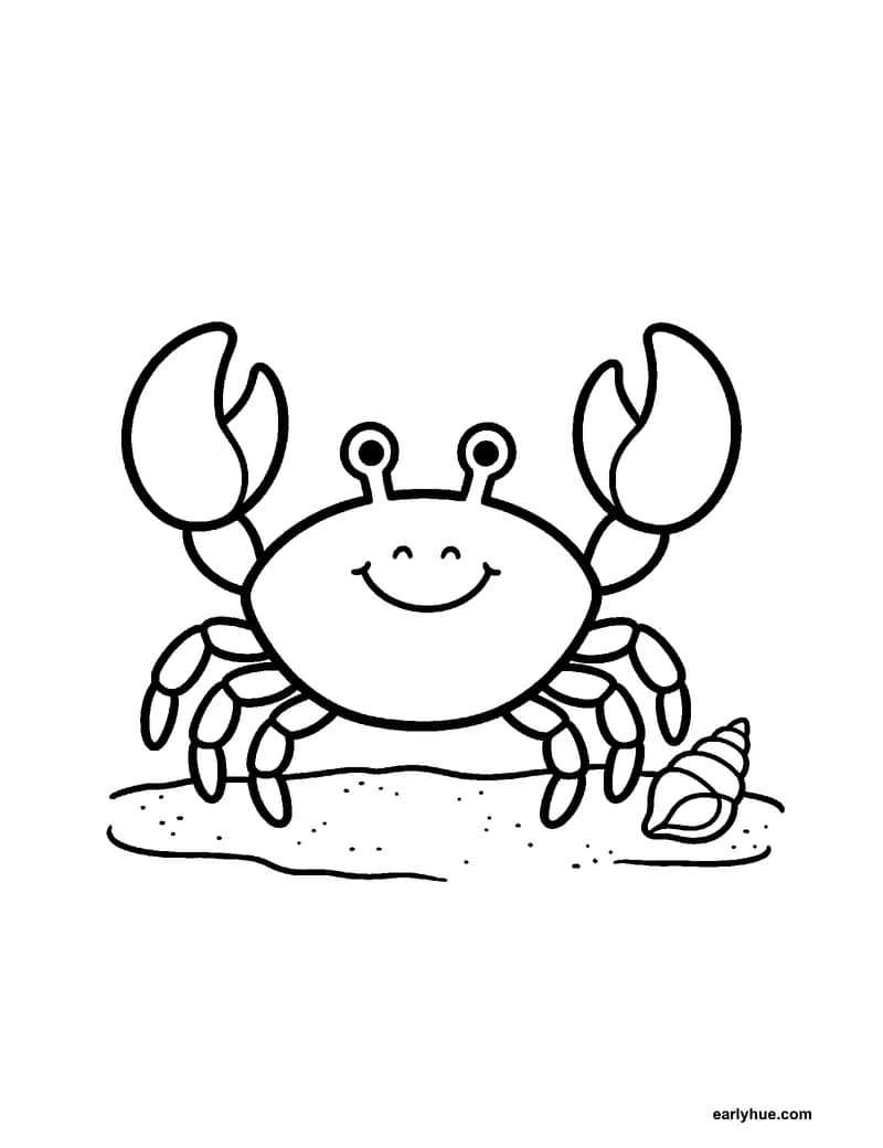 A black-and-white coloring page of a crab that sits on the sand with two raised claws and four legs on each side.