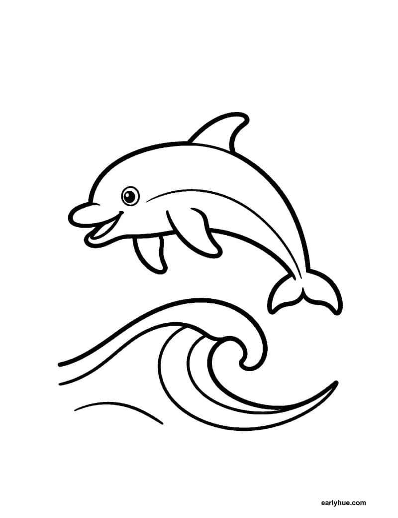 Black-and-white printable dolphin coloring page featuring original child-friendly coloring page showing one playful dolphin leaping above a simple ocean wave.