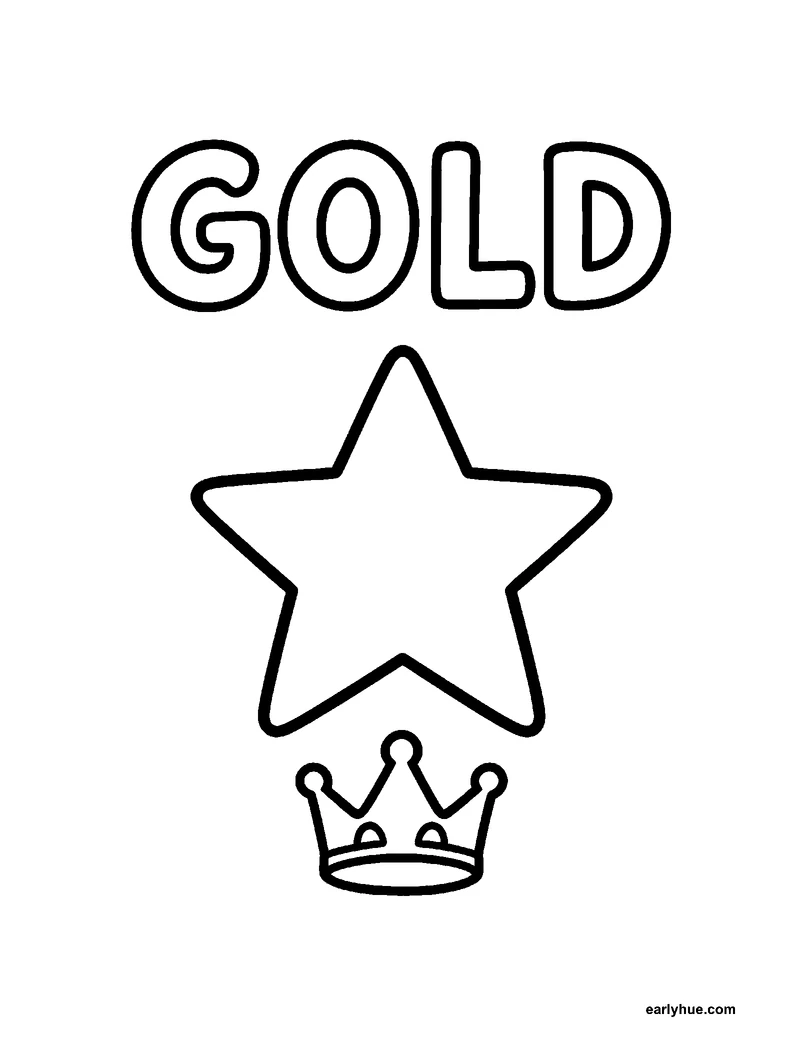 Black-and-white printable gold coloring page featuring original child-friendly coloring page showing one large hollow uppercase word gold beside one large.